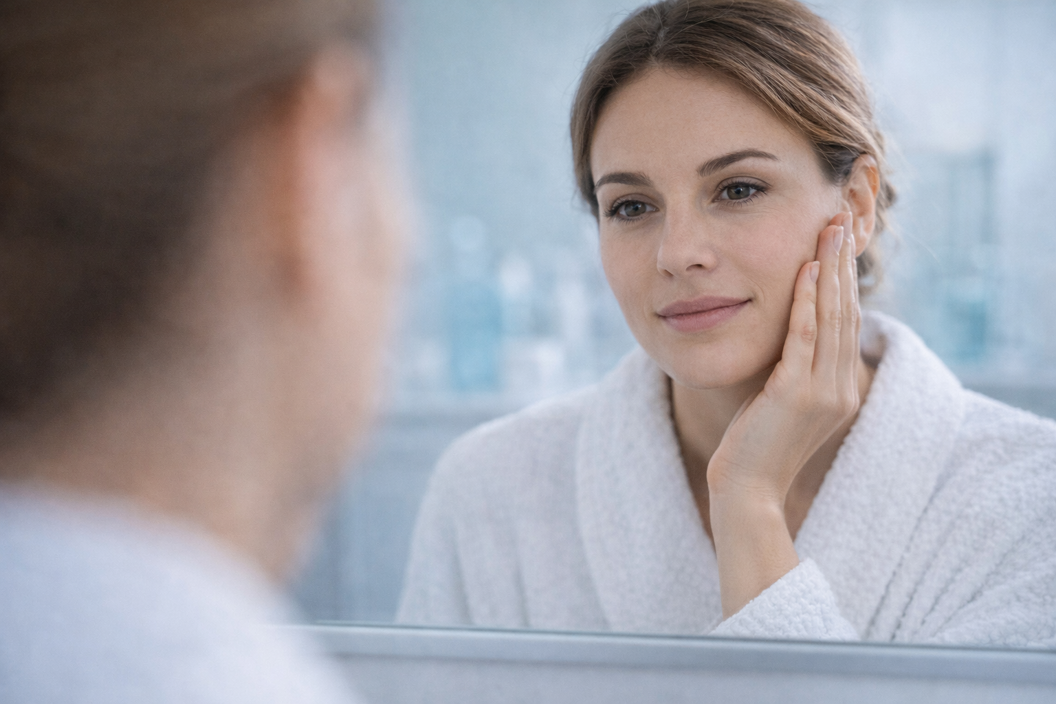 A close-up of a person's skin with a small mark, softly lit to show texture and detail.